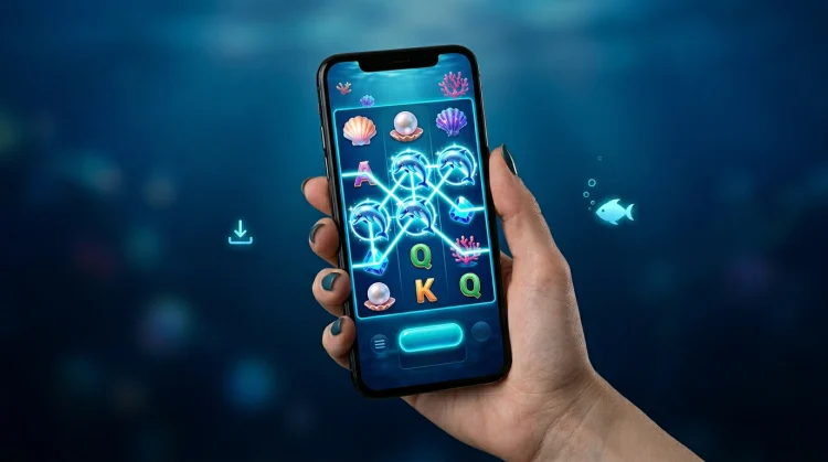 Illustration: Hand h&auml;lt Smartphone mit Slotspiel und leuchtenden Gewinnlinien vor dunkelblauem Ozeanverlauf.