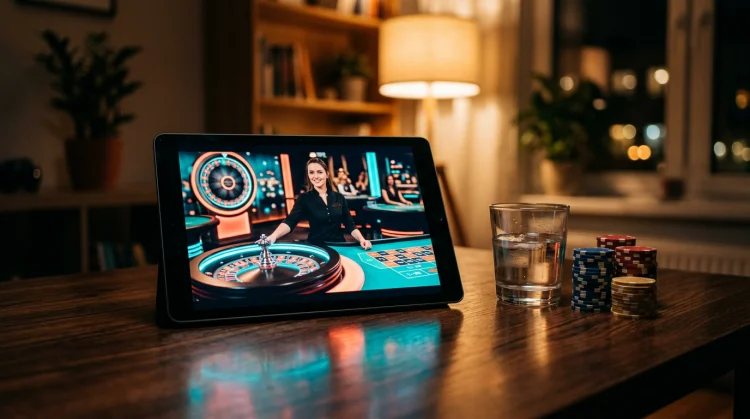 Illustration: Tablet auf Holztisch mit Live-Roulette und Dealer auf dem Bildschirm, daneben Wasserglas und Casino-Chips in abendlicher Stimmung.