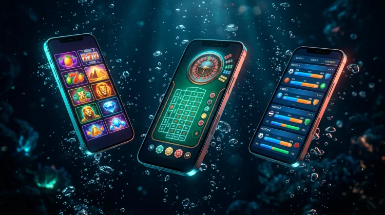 Illustration: Drei Smartphones mit Casino-App-Ansichten f&uuml;r Slots, Live-Roulette und Sportwetten, schwebend in tiefblauem Ozean mit Cyan- und Koralllicht.