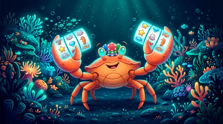 Illustration: Cartoon-Krabbe mit leuchtenden Augen, Jeton-Krone und Slot-Walzen in den Scheren vor biolumineszierendem Korallenriff.