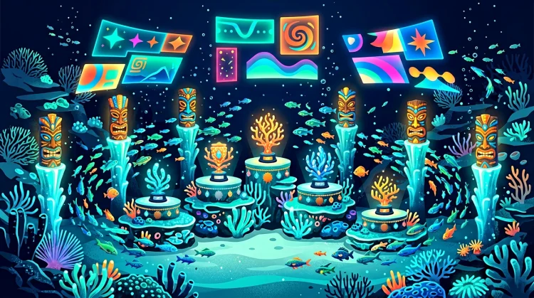 Illustration: Unterwasser-Turnier mit Podien, Korallen-Troph&auml;en, Tiki-Masken und Bass-Fischen als Zuschauer in Cyan-, Teal- und Korallfarben.