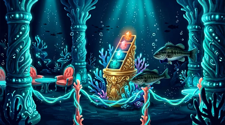 Illustration: Elegante Unterwasser-VIP-Lounge mit leuchtenden Korallens&auml;ulen, goldenem Sockel mit f&uuml;nf Edelsteinen und Barsch-Fischen mit Fliegen.