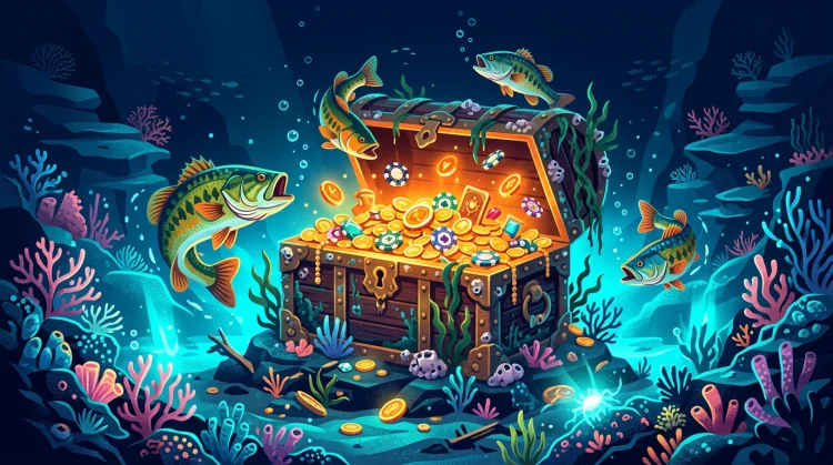 Illustration: Leuchtende Schatztruhe mit M&uuml;nzen, Jetons und orangefarbenen Bonus-Token unter Wasser, Bass-Fische und cyan-biolumineszierendes Licht.