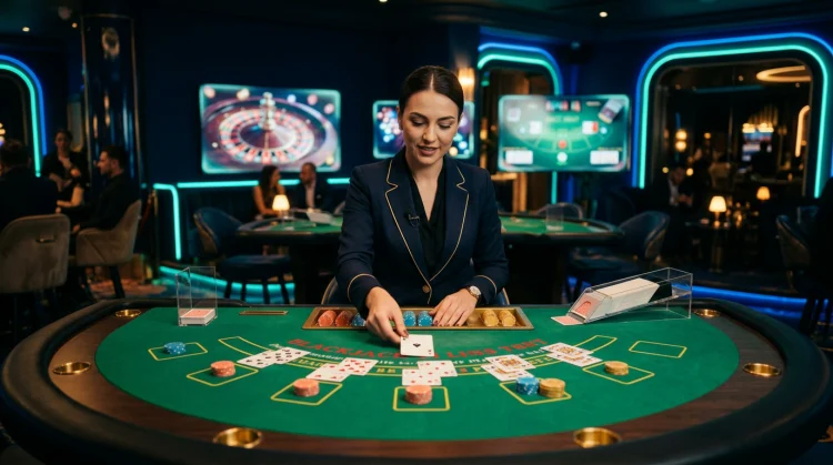 Illustration: Live-Casino mit Dealerin am Blackjack-Tisch, holographischen Roulette- und Baccarat-Anmutungen und Unterwasser-Lounge-Beleuchtung.