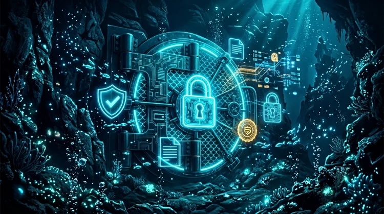 Illustration: Digitales Tresor-Tor mit Cyan-Neon-Schloss und holographischen Sicherheits- und Lizenzsymbolen in tiefblauem Ozeanlicht.