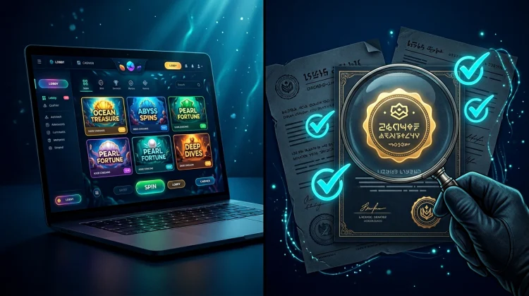 Illustration: Split-Screen mit Casino-Laptop und Lupe &uuml;ber Dokumenten sowie leuchtenden H&auml;kchen in Navy-, Cyan- und Korallfarben.