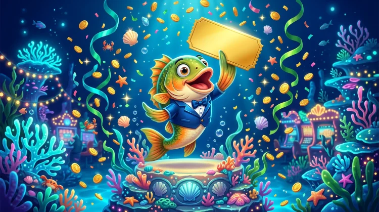 Illustration: Fr&ouml;hlicher Barsch-Fisch auf einem Podest mit goldenem Los, M&uuml;nzen und Meeres-Konfetti in leuchtenden Korall- und Cyan-T&ouml;nen.