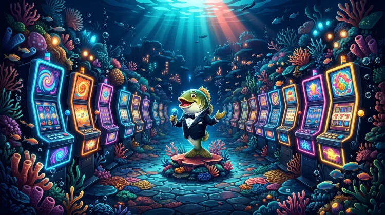 Illustration: Unterwasser-Spielhalle mit leuchtenden Slotautomaten entlang eines Korallenkorridors und Barsch-Gastgeber in der Mitte.