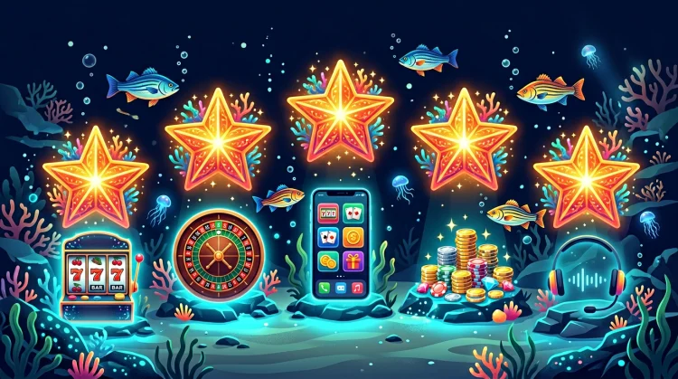 Illustration: F&uuml;nf leuchtende Korallen-Sterne mit Casino-Symbolen und Barsch-Fischen auf dem Meeresboden in biolumineszierendem Cyan-Licht.