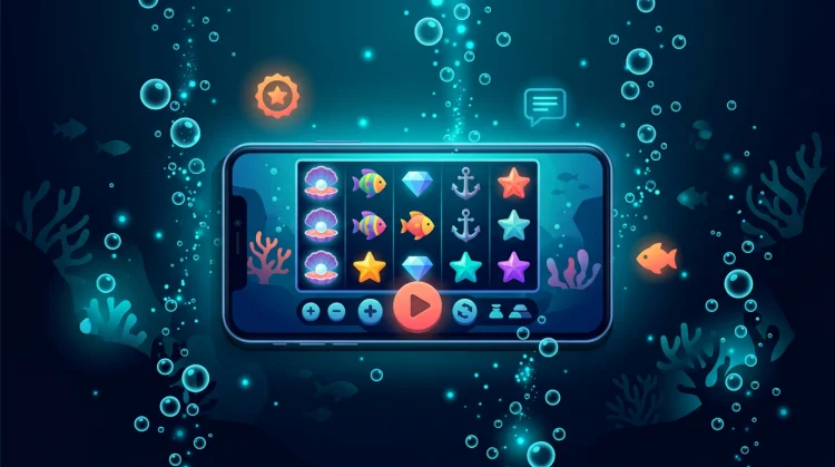 Illustration: Smartphone mit Casino-App-Oberfl&auml;che und Slot-Spielen, schwebend in tiefblauer Ozean-Atmosph&auml;re mit Leuchtblasen.