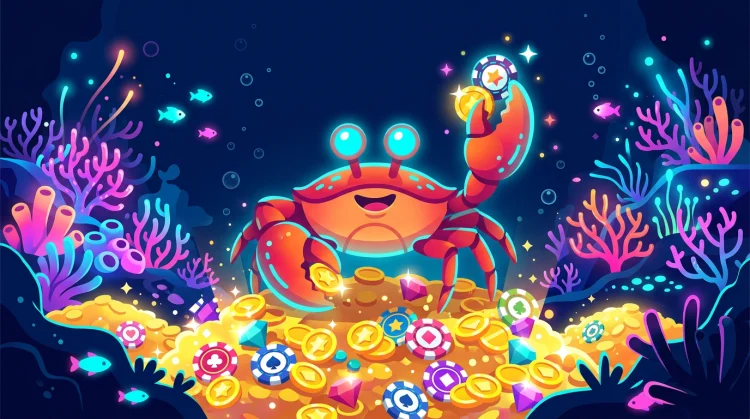 Illustration: Cartoon-Schatzkrabbe mit leuchtenden Augen, M&uuml;nzen und Jetons vor tiefblauem Unterwasserhintergrund.