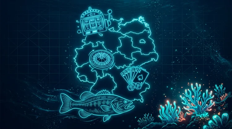 Illustration: Stilisierte Deutschland-Karte aus Neonlinien mit Casino-Symbolen und Barsch-Fisch vor dunklem Unterwasserhintergrund.