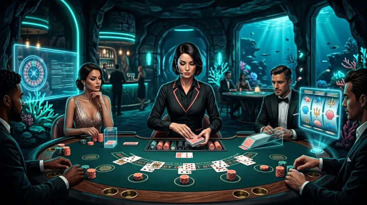 Illustration: Live-Casino-Tisch mit Dealer, holographischen Displays und Unterwasser-Neonstimmung in Cyan und Koralle.