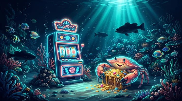 Illustration: Tiefsee-Casino mit leuchtendem Slotautomaten, Korallen, Krabbe und Schatztruhe in cyan- und korallfarbenem Licht.