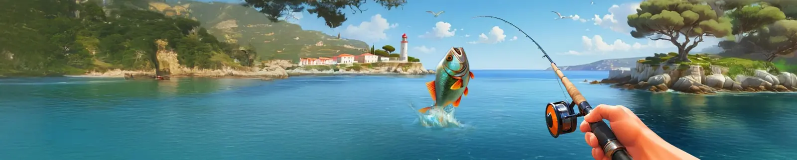 Angelrute über einer Bucht mit Leuchtturm, Motiv des Bassbet Angelspiels