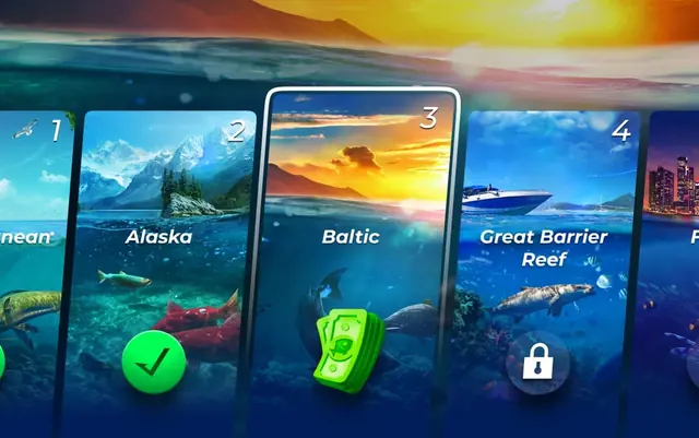 Auswahl der Angelplätze Alaska, Baltic und Great Barrier Reef im Bassbet Angelspiel