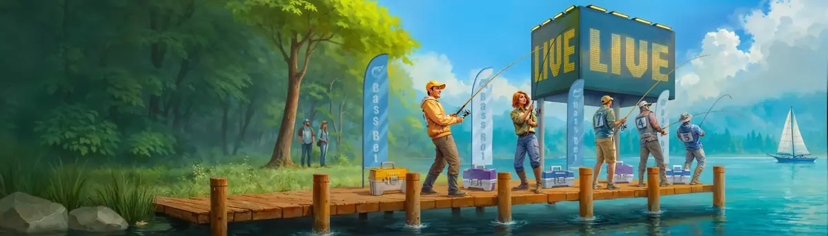 Angler auf einem Steg mit großer LIVE-Tafel, Motiv des Gold Saloon Live